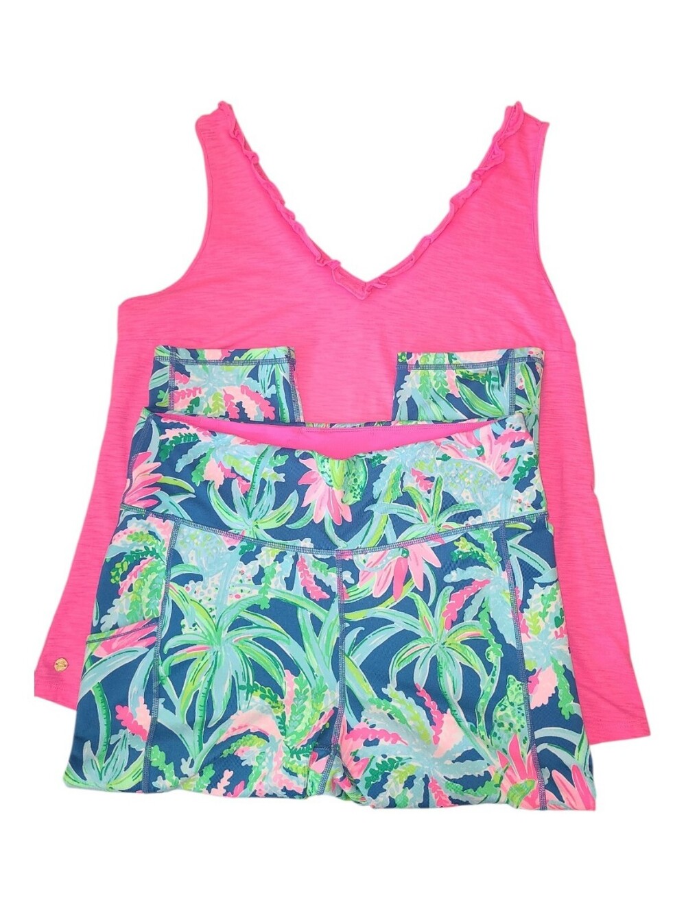 Lilly Pulitzer Blue Tropical Print Capri Leggings With Fuscia Sleeveless Top